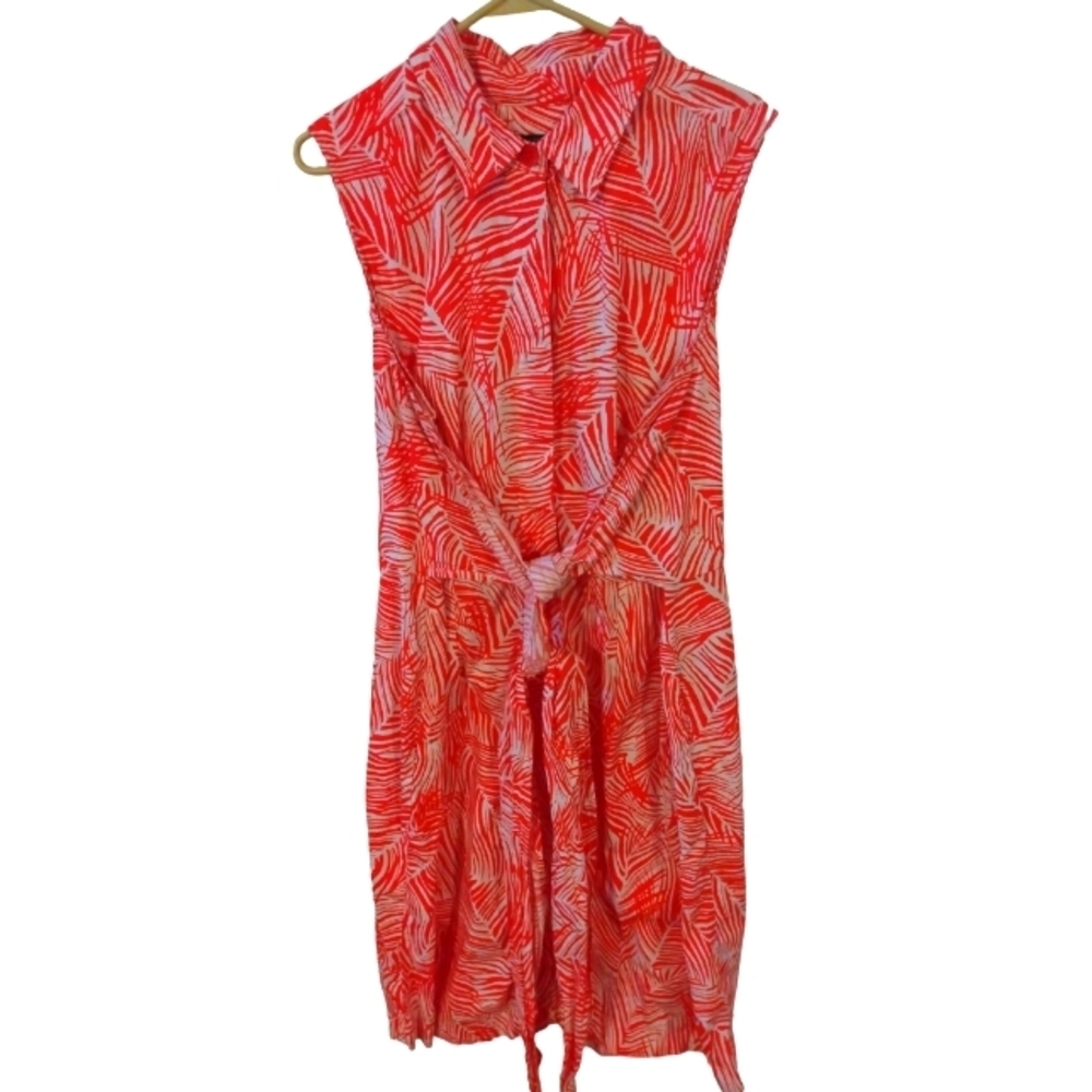 Talbot's Tropical Shirt Dress Tie Belted Front Collar Pockets Beachy Resort 18